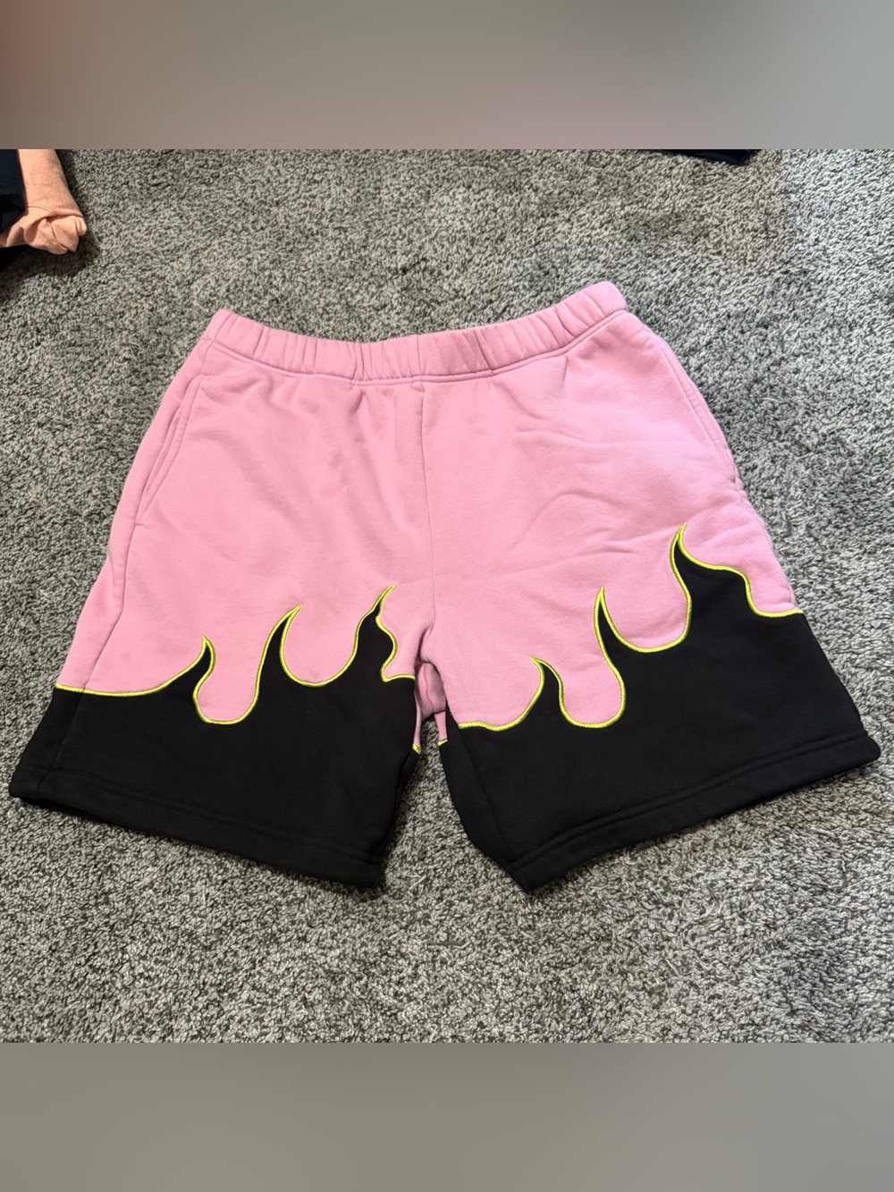 Teddy Fresh Pink Cotton Sweat Shorts with Black/Yellow Flames